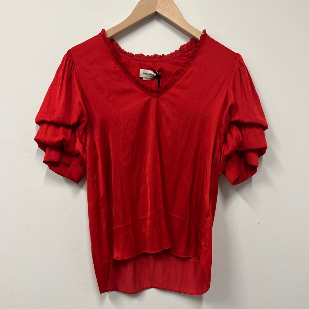 Zadig & Voltaire Red V-Neck Ruffled Sleeve Blouse